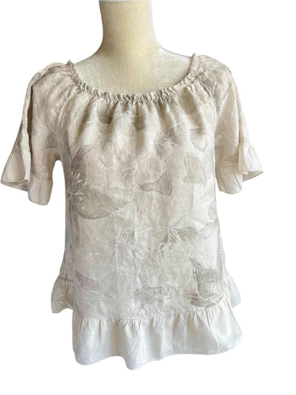 Terzo Millennio Italy 100% Linen Blouse M Beige Floral Peasant Top Ruffle Hem